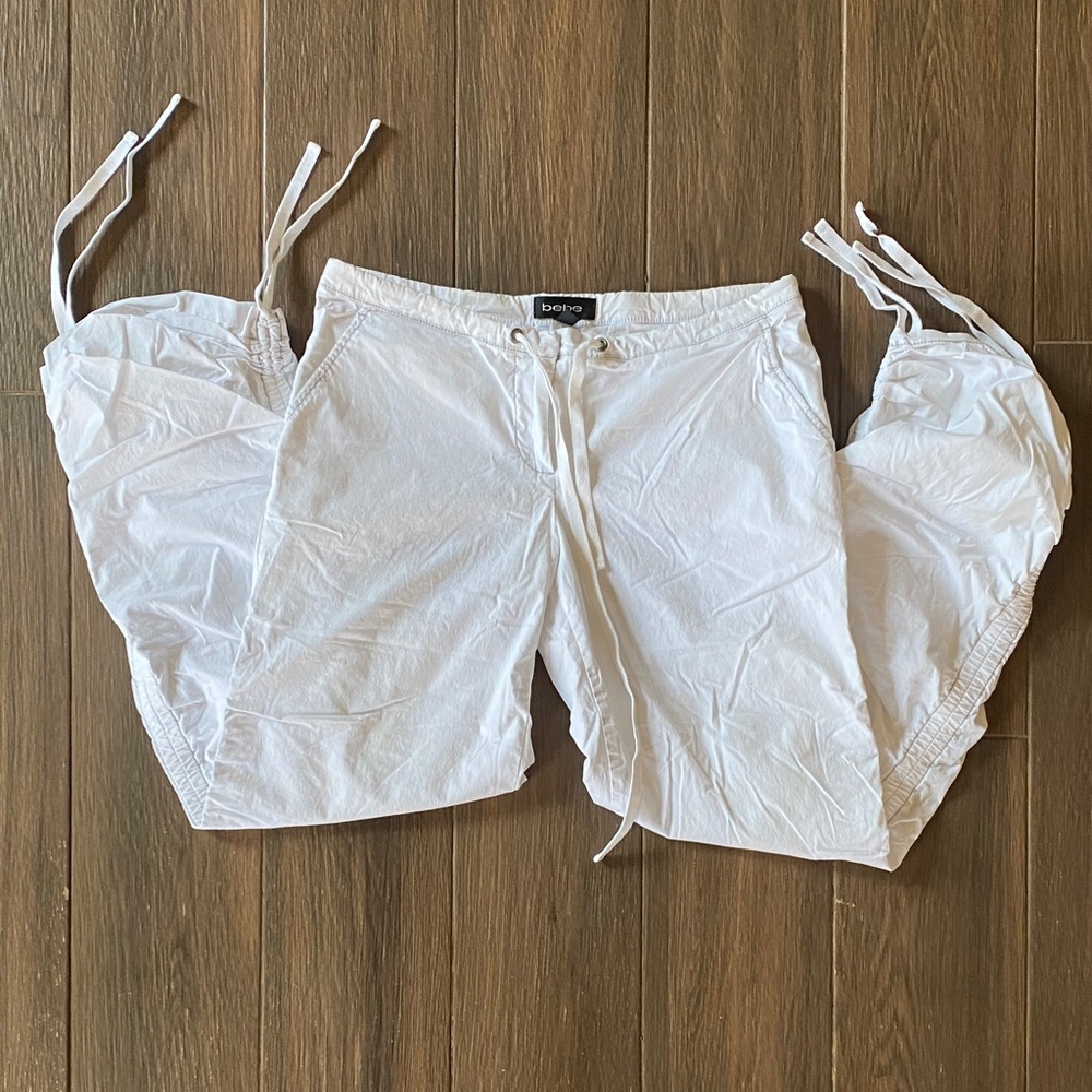 Bebe White Paper Style Drawstring Pants